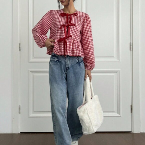 Red And White Casual Women's Cowgirl Hippie Round Neck Gingham Print Top - Picture 4 of 6